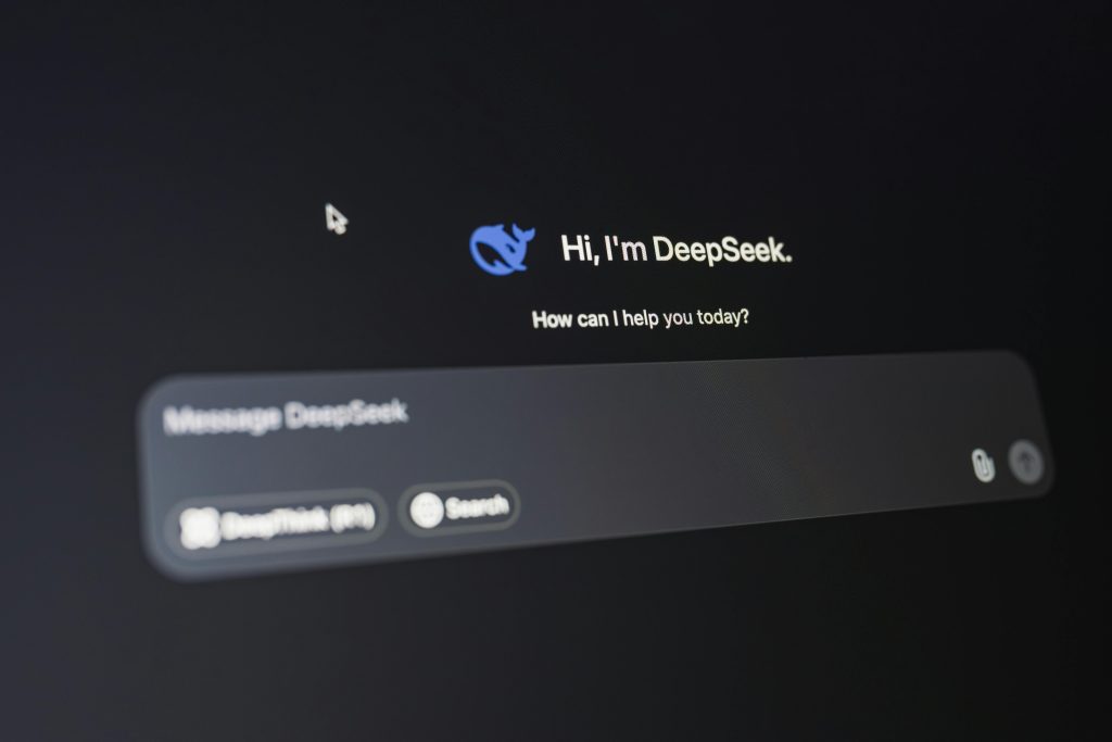 A detailed view of the DeepSeek AI interface, displaying a welcoming message on a dark background.